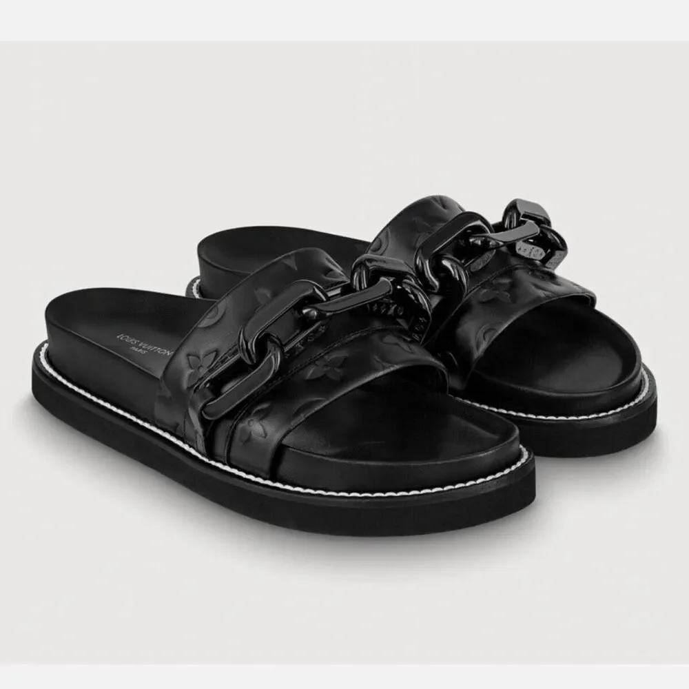 LOUIS VUITTON Sunset Flat Comfort Mule Slide Sandal Size 39 Black Monogram